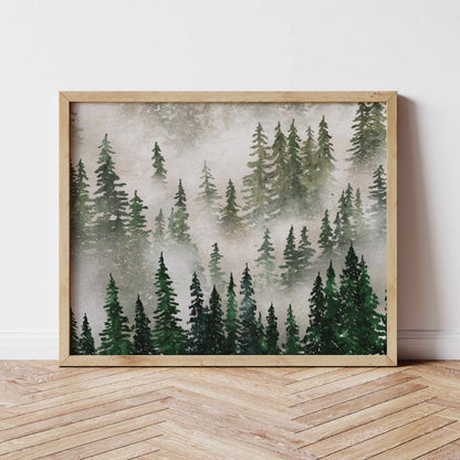 Printed Green Forest Watercolor Landscape Wall Art