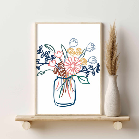Printed Colorful Flowers Line Art