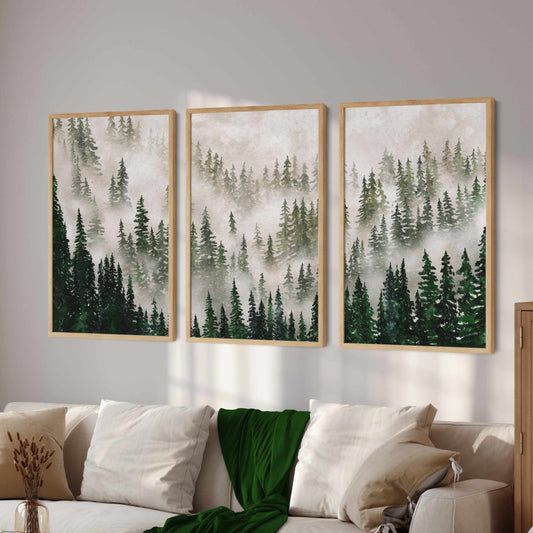 Printable Misty Green Forest Wall Art Set of 3