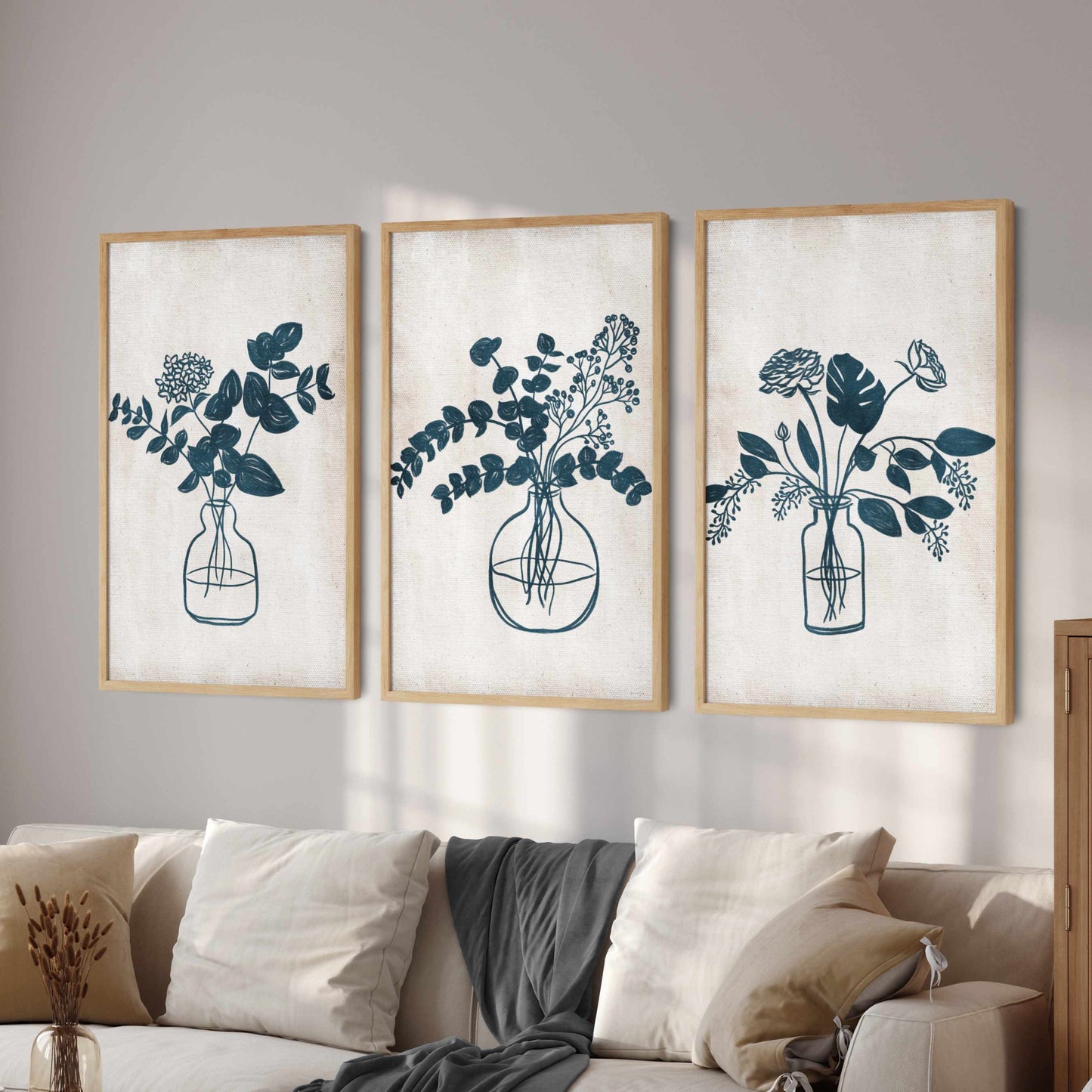 Printed Navy Blue Botanical Set of 3 Prints