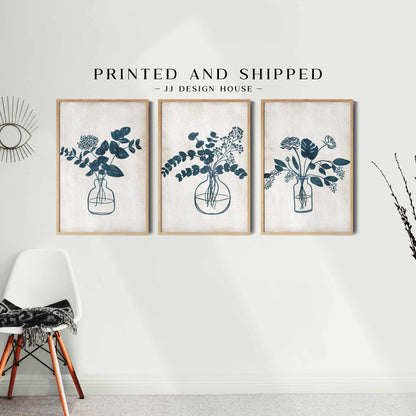 Printed Navy Blue Botanical Set of 3 Prints