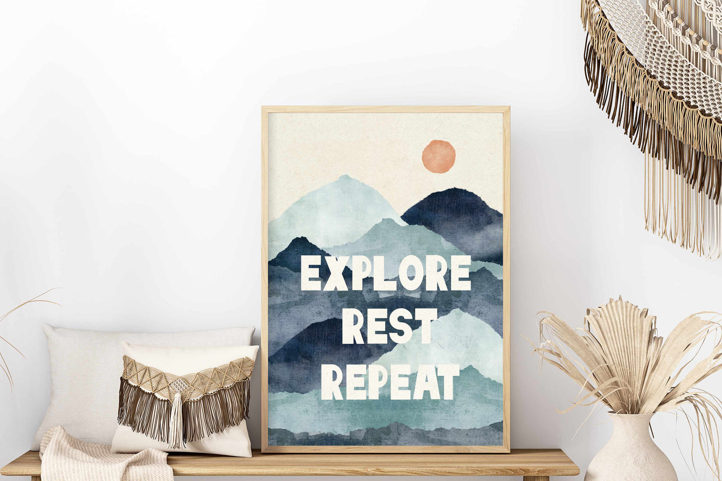 a picture of a mountain with the words explore rest repeat