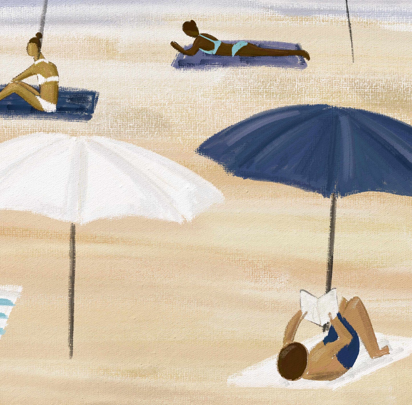 a painting of people laying on the beach under umbrellas