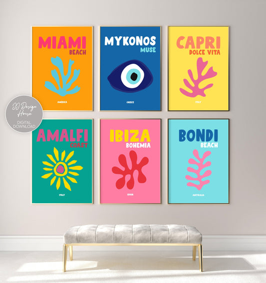 Printable Gallery Wall Set, Travel Art Prints Set of 6, Colorful Wall Art