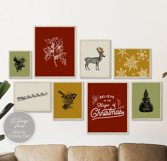 Printable Christmas Wall Art, Vintage Christmas Decor Prints Set of 8