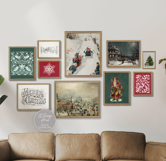 Printable Vintage Christmas Decor, Christmas Wall Art Printable Set of 10