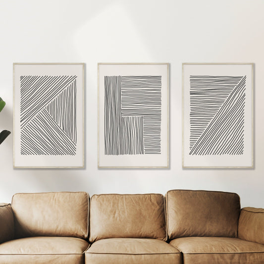 Printable Wall Prints Set of 3, Mid Century Modern, Abstract Line Drawing Gallery Wall, Black and Cream Minimalist Line Drawing