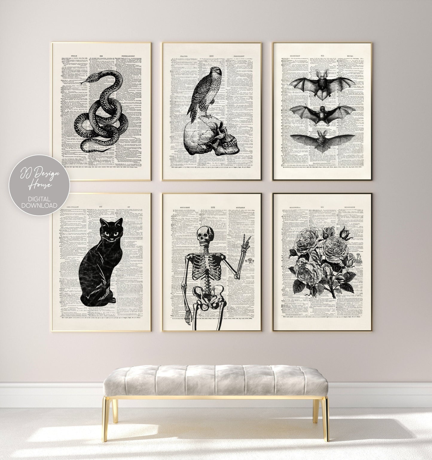 Printable Vintage Halloween Decor Set of 6 Prints, DIY Halloween Decor