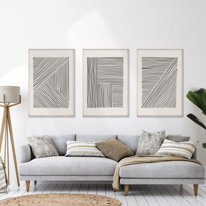 Printable Wall Prints Set of 3, Mid Century Modern, Abstract Line Drawing Gallery Wall, Black and Cream Minimalist Line Drawing