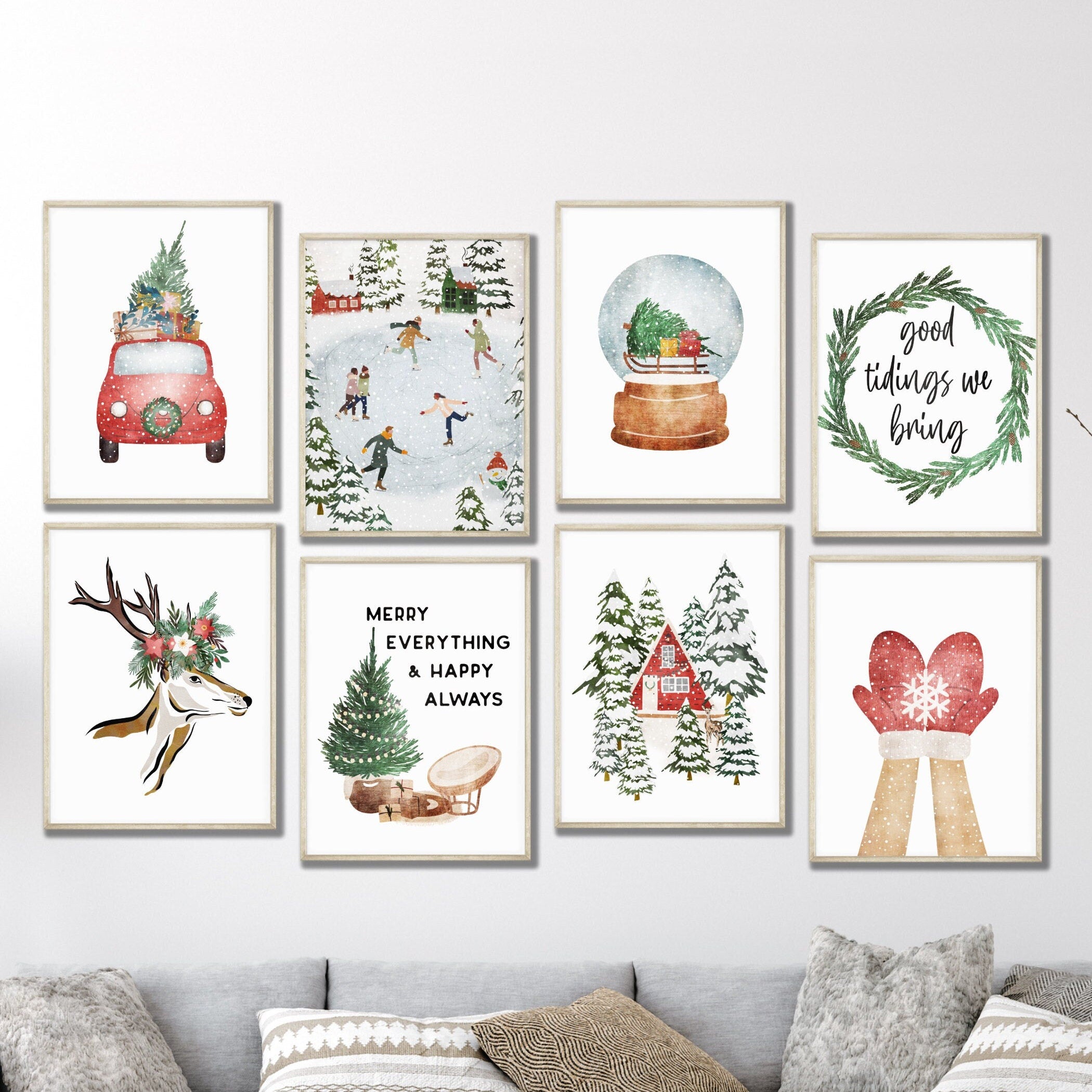printable christmas art, gallery wall set of 8, christmas wall art
