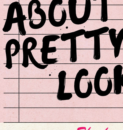 a pink background with black writing that says, about pretty look