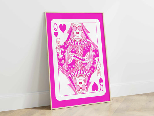 Printable Queen of Hearts Pink Wall Art - Aesthetic Y2K Poker Cards Print - College Dorm Room Decor