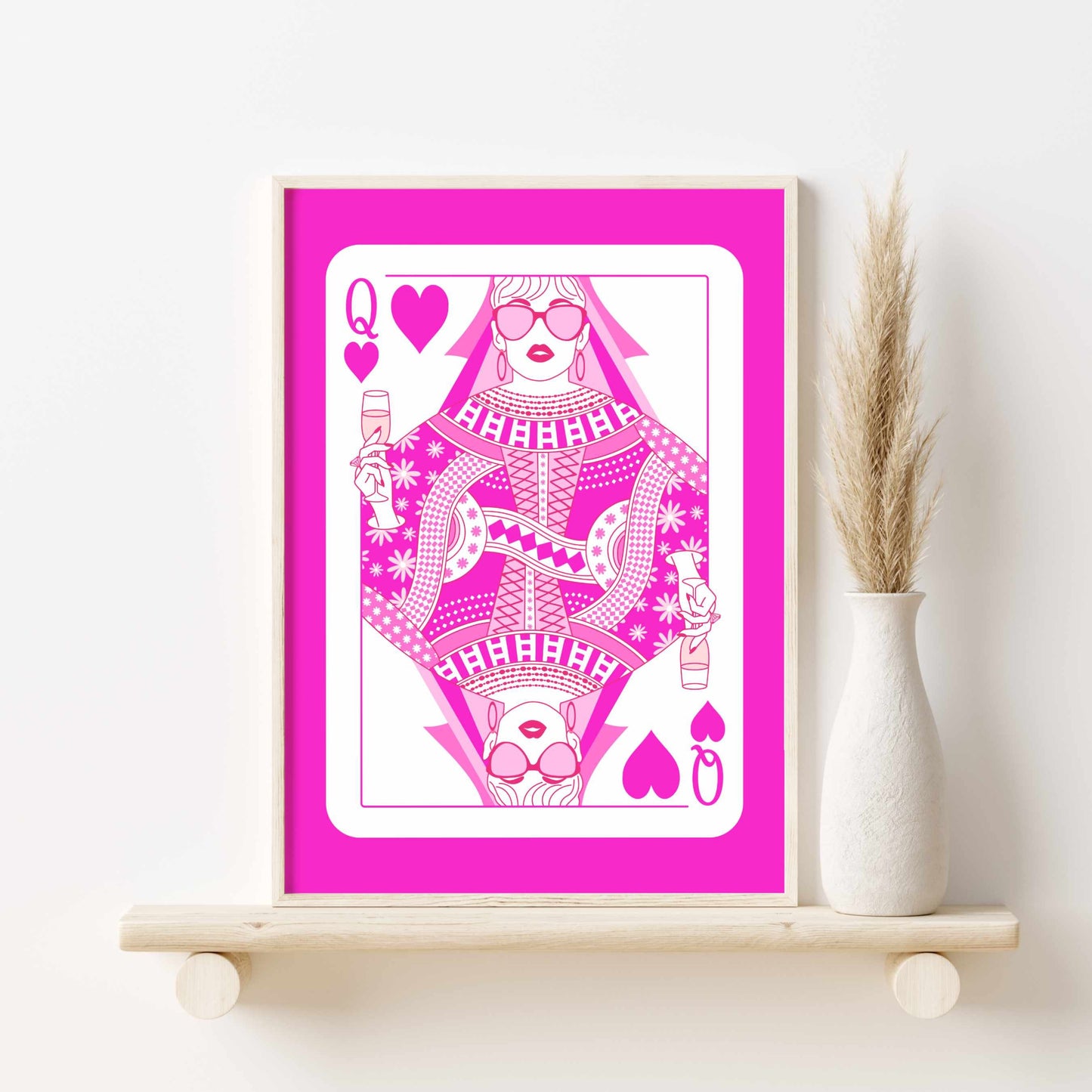 Printable Queen of Hearts Pink Wall Art - Aesthetic Y2K Poker Cards Print - College Dorm Room Decor