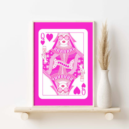 Printable Queen of Hearts Pink Wall Art - Aesthetic Y2K Poker Cards Print - College Dorm Room Decor